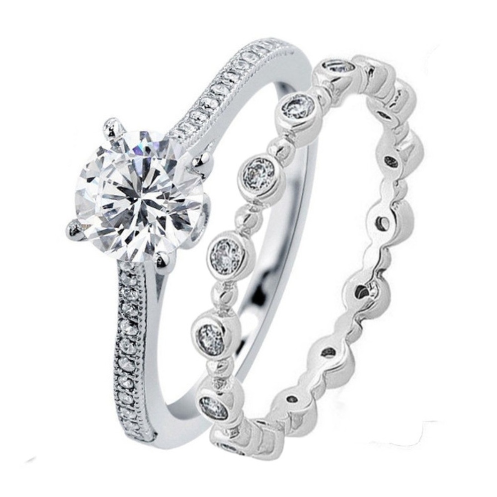 2 PC Solid Sterling Silver Wedding Ring Band Set